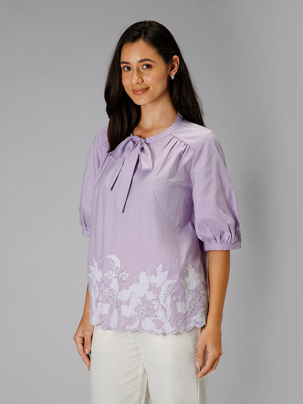 Nicole Top | Women’s Purple Check Cotton Top with Puff Sleeves & Patchwork Embroidery