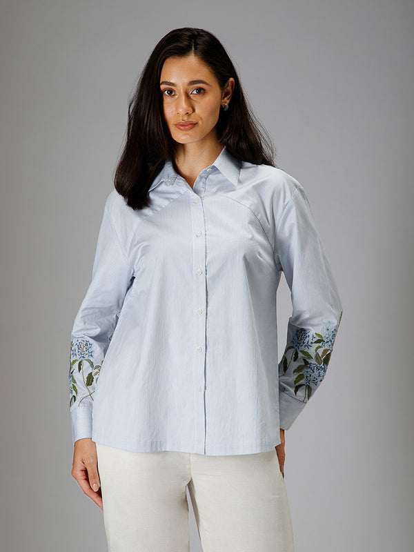 Hydrangea Shirt | Women’s 100% Cotton Pinstripe Embroidered Shirt
