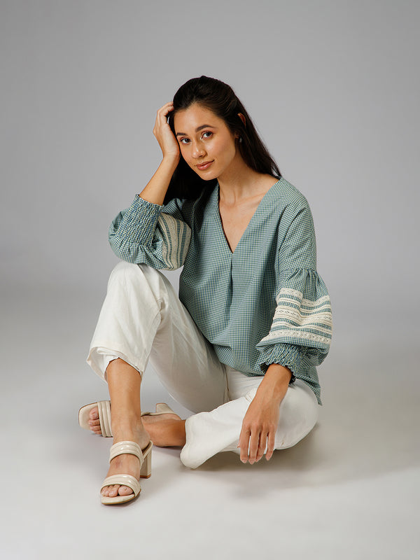 Dakota Top | Women’s Checkered Cotton V-Neck Top with Lace Detailing