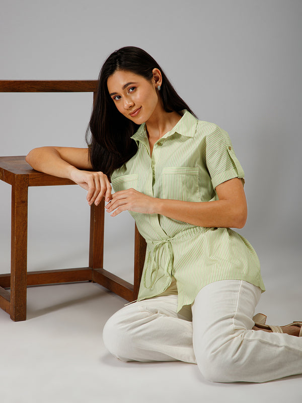 Paige Safari Shirt | Women’s Striped Cotton Utility Shirt with Drawstring Waist