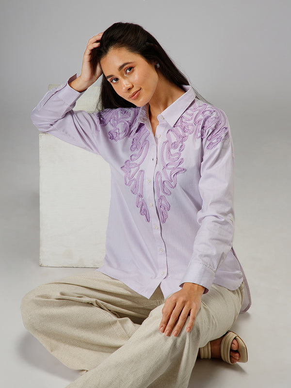 Blake Shirt | Women’s Cotton Striped Shirt with Checkered Fabric Embroidery