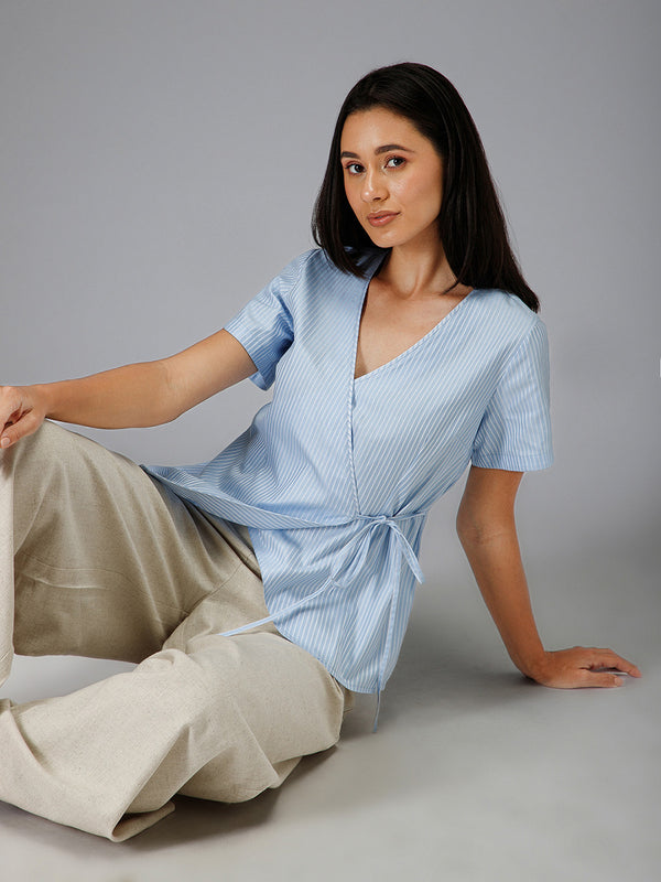 Taylor Top | Women’s Striped Cotton Wrap Blouse with Tie Detailing