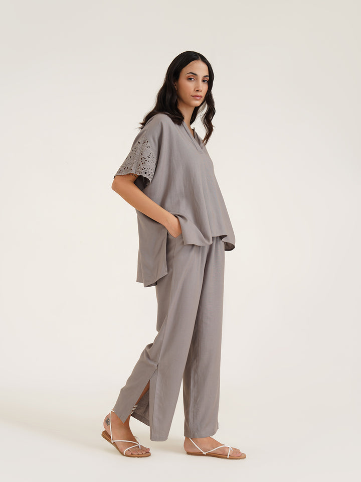 AMINA - Organic Viscose Linen Boot Leg Pants with Slit