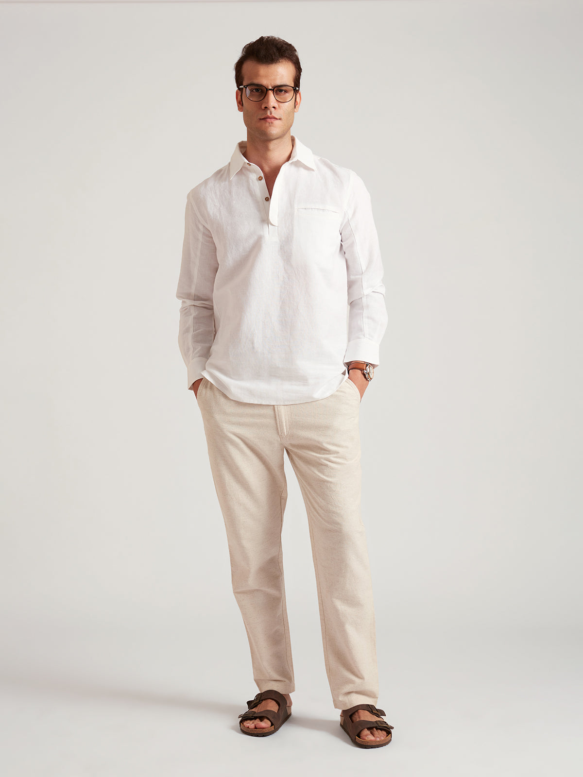 ALFRED - Men's Semi-Formal White Linen Long Sleeve Henley Shirt image 2