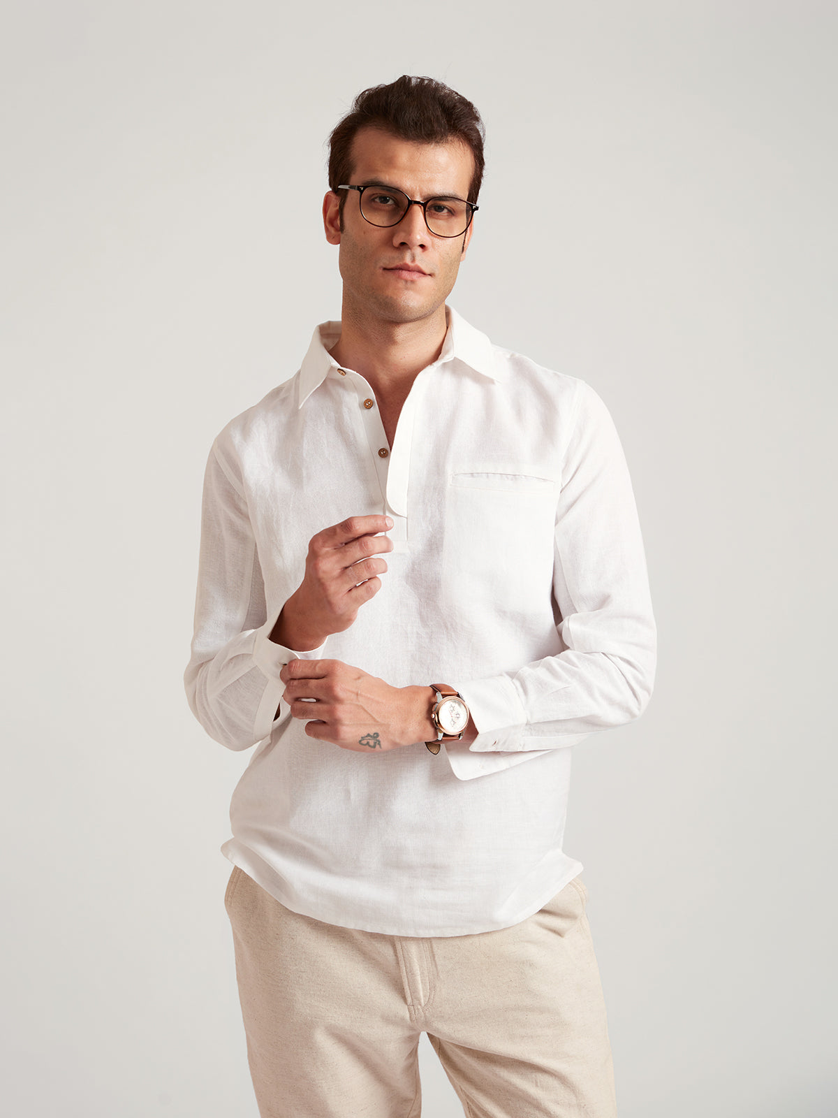 ALFRED - Men's Semi-Formal White Linen Long Sleeve Henley Shirt