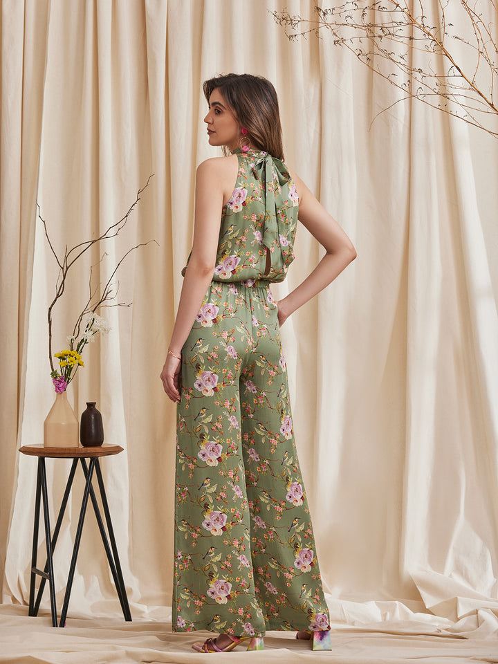 FREENA - Printed Halter Neck Satin Jumpsuit