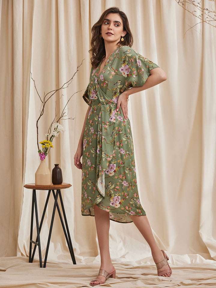 ZINNIA - Printed Modal Satin Dress with a Wrap Neck