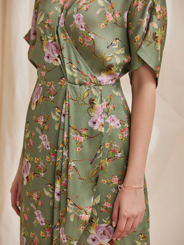 ZINNIA - Printed Modal Satin Dress with a Wrap Neck