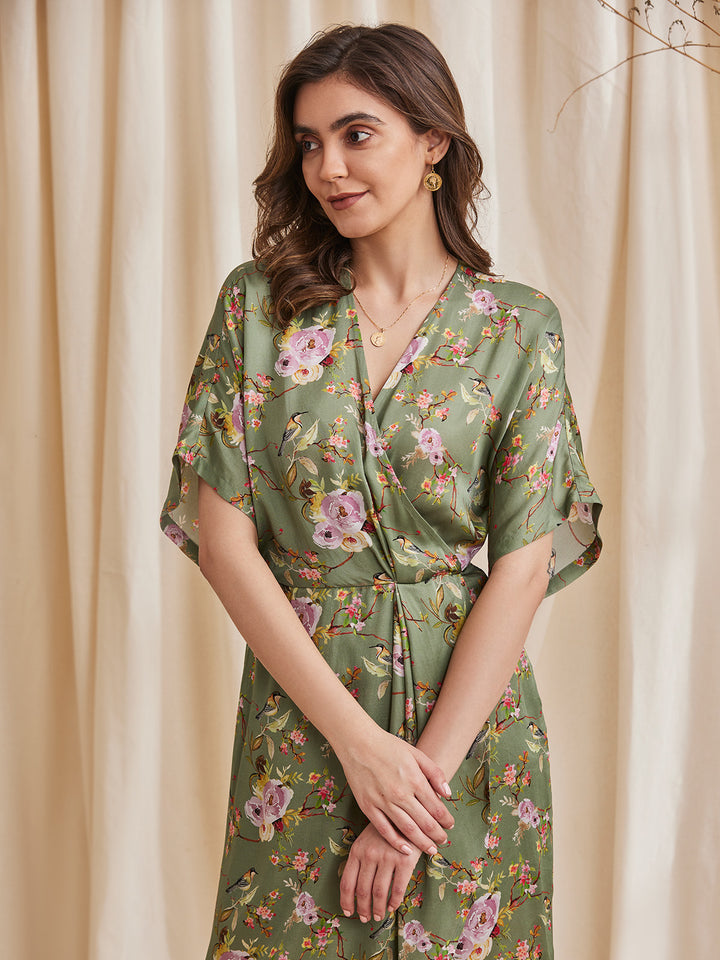 ZINNIA - Printed Modal Satin Dress with a Wrap Neck