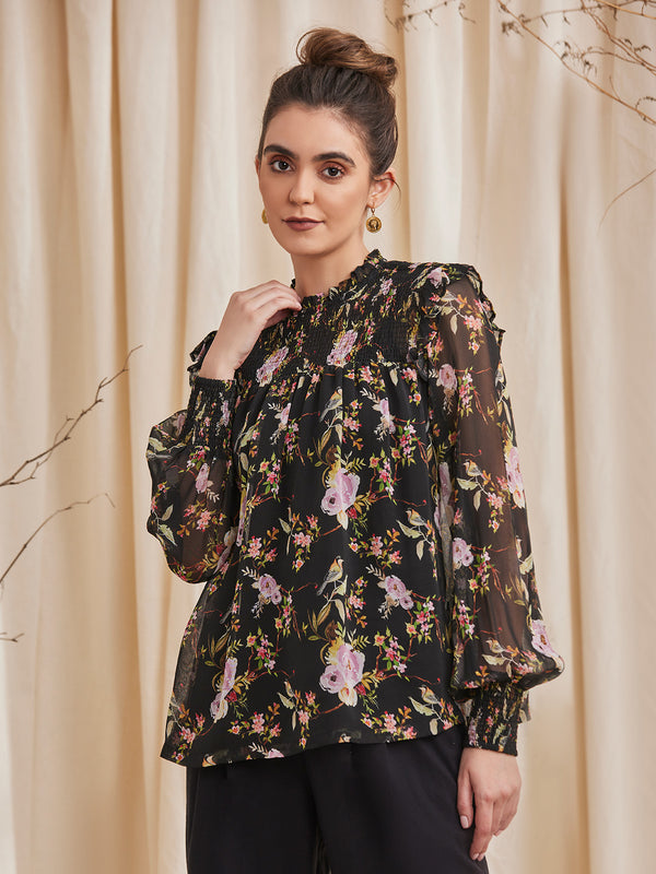 GARDENIA - Viscose Georgette Printed Top with Smocking