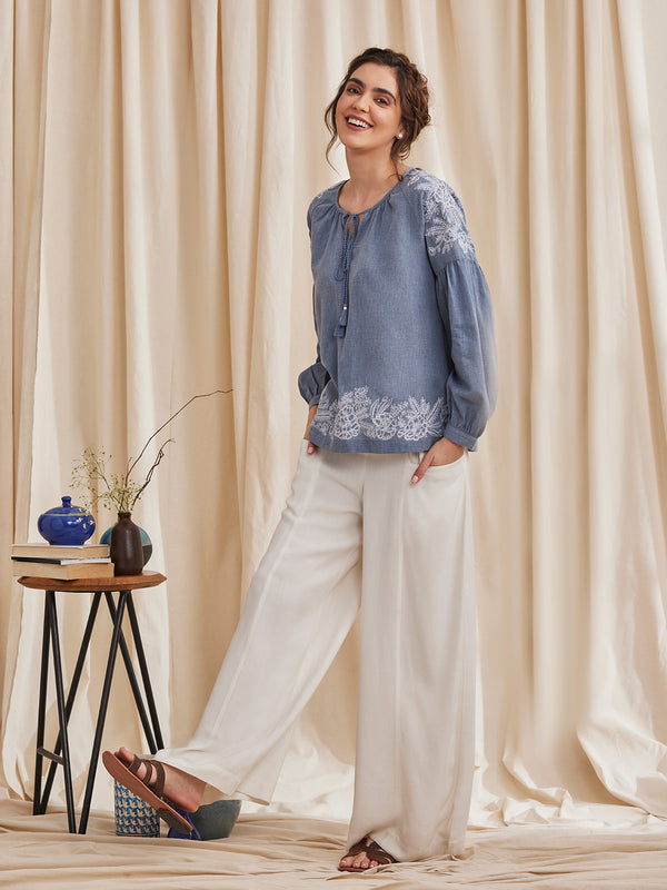 HYACINTH - Embroidered Peasant Top in Organic Cotton Chambray