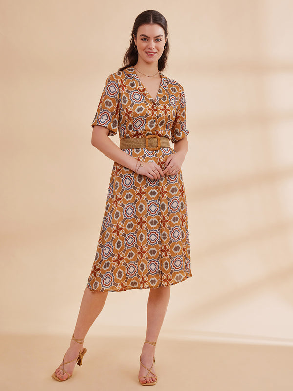 MILODIA - Printed Satin Chiffon Yellow Shirt Dress