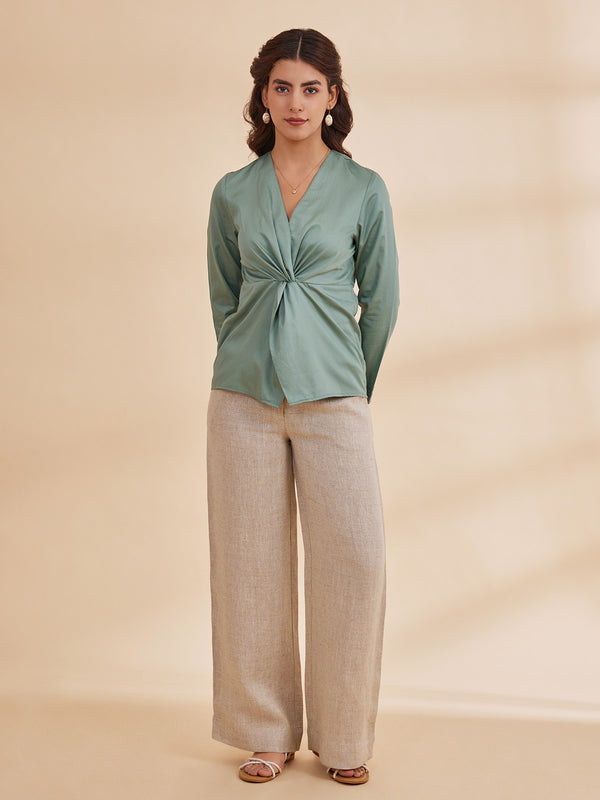 BRIANNA - Green Wrap Style Cotton Satin Top