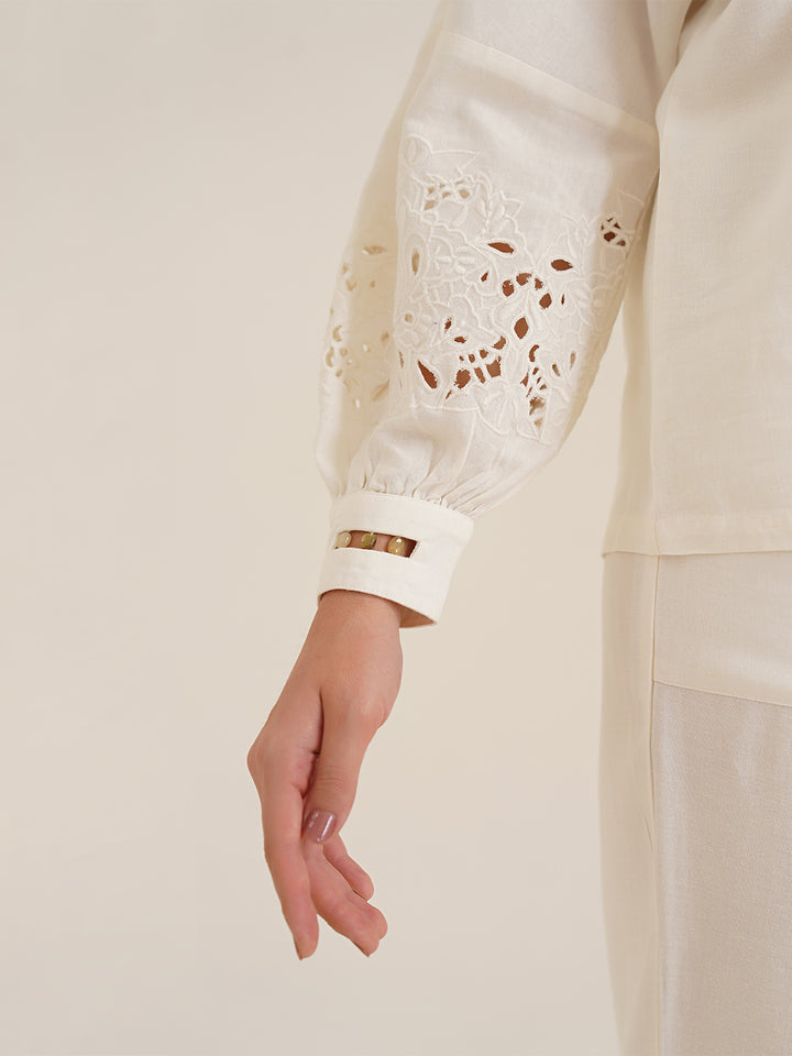 AESON - Linen Shirt with Cutwork Embroidered Sleeves