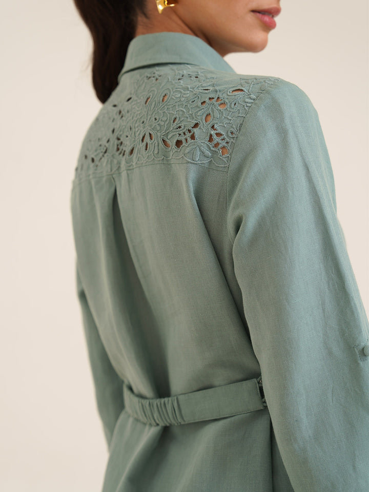 BONA - Embroidered Linen Shirt Dress