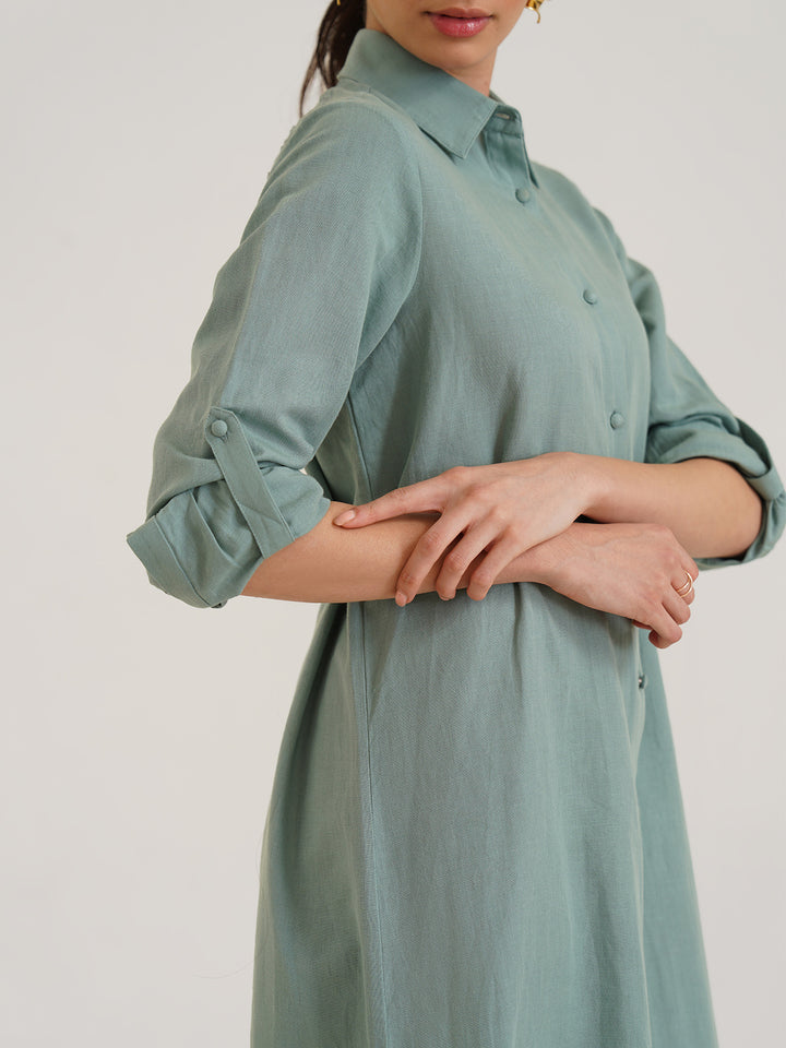 BONA - Embroidered Linen Shirt Dress