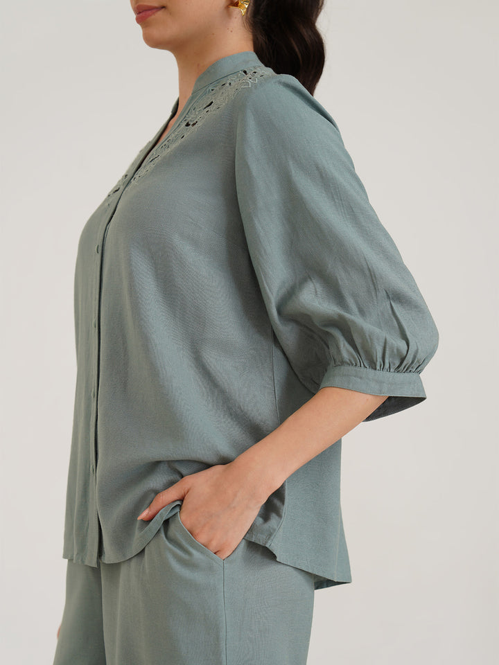 ATHENA – Band Collar Linen Shirt