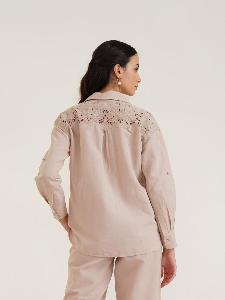 BIEWE – Linen Drop Shoulder Linen Shirt with Cutwork Embroidery