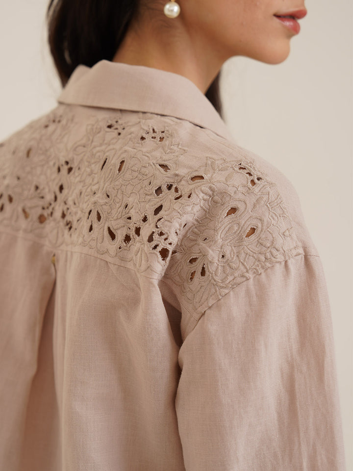 BIEWE – Linen Drop Shoulder Linen Shirt with Cutwork Embroidery