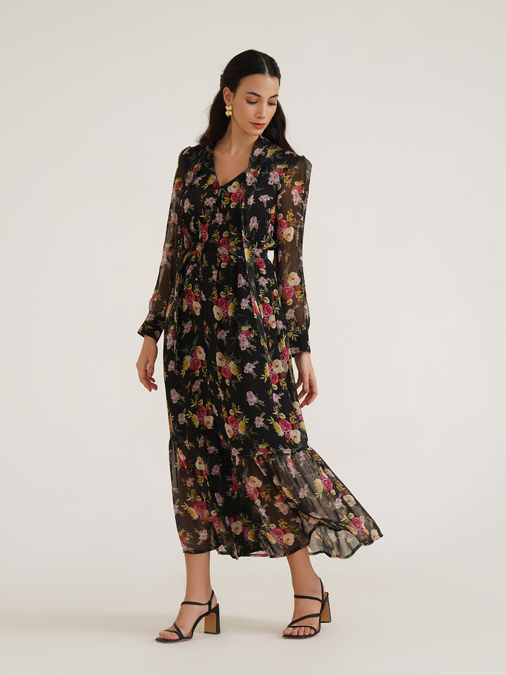 OZGA -  Sustainable Viscose Georgette Printed Maxi Dress With Neck Tie