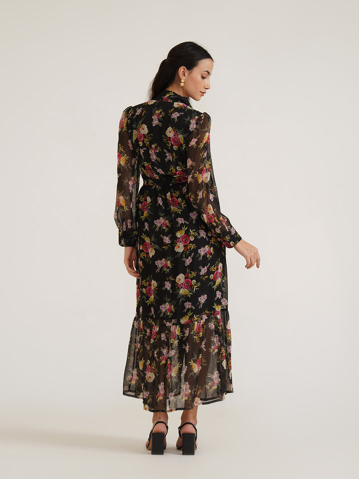 OZGA -  Sustainable Viscose Georgette Printed Maxi Dress With Neck Tie