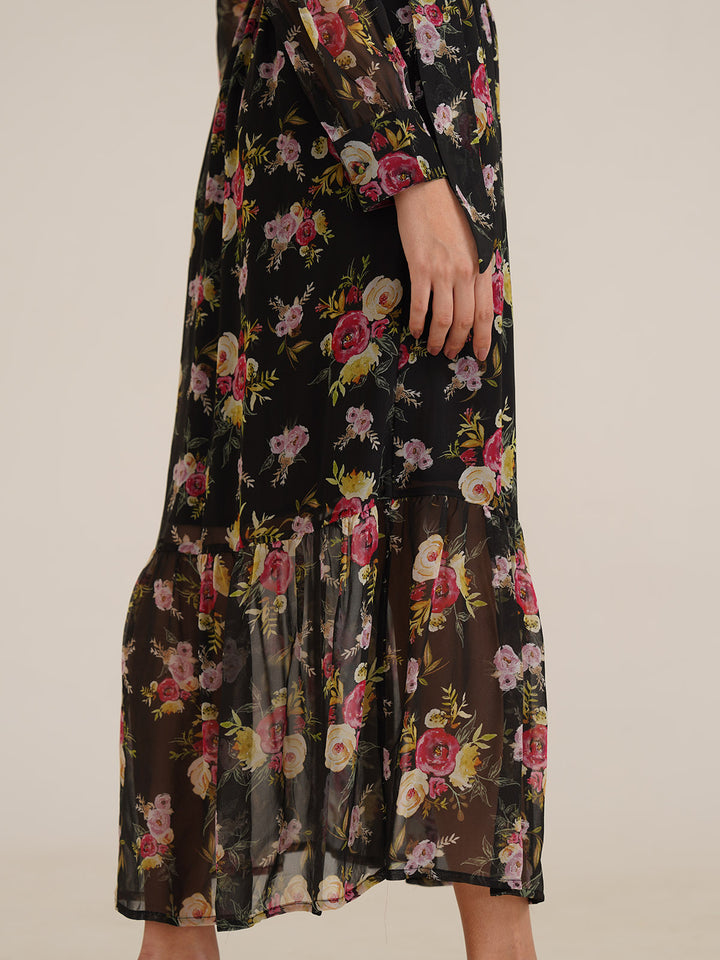 OZGA -  Sustainable Viscose Georgette Printed Maxi Dress With Neck Tie