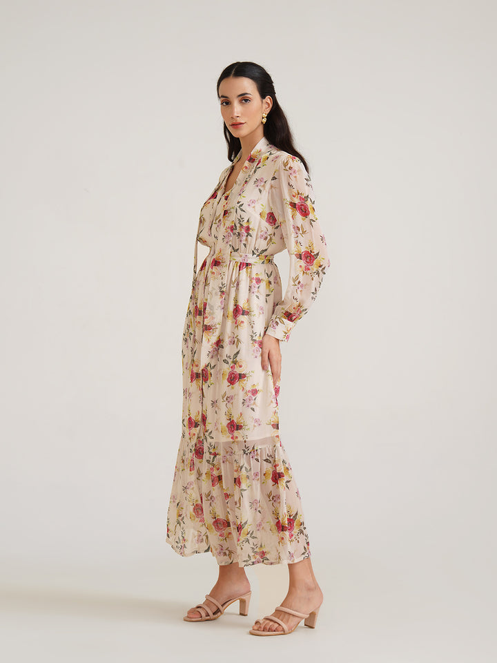 OZGA -  Sustainable Viscose Georgette Printed Maxi Dress With Neck Tie