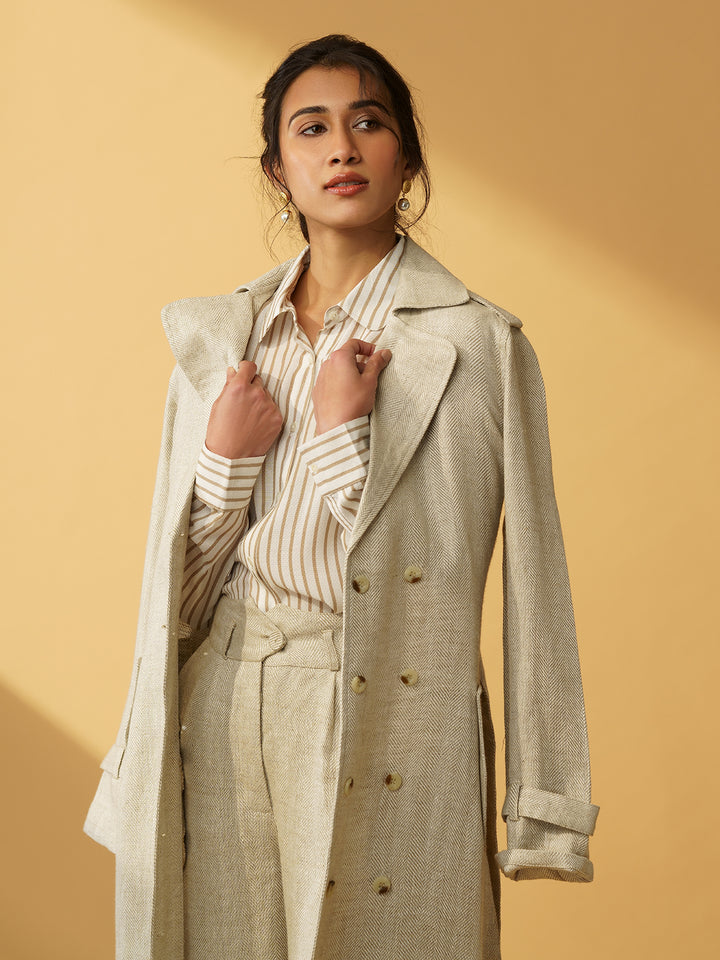 SAKURA - Classic Trench Coat in Organic Linen Herringbone