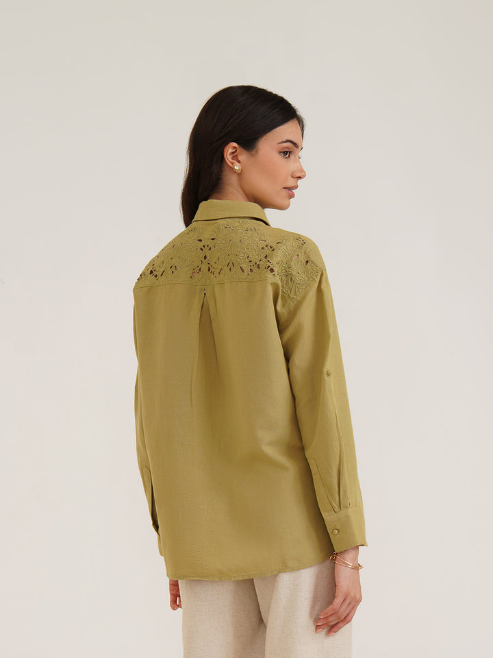 BIEWE – Linen Drop Shoulder Linen Shirt with Cutwork Embroidery