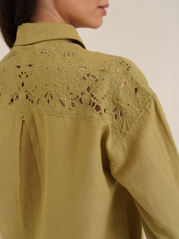 BIEWE – Linen Drop Shoulder Linen Shirt with Cutwork Embroidery