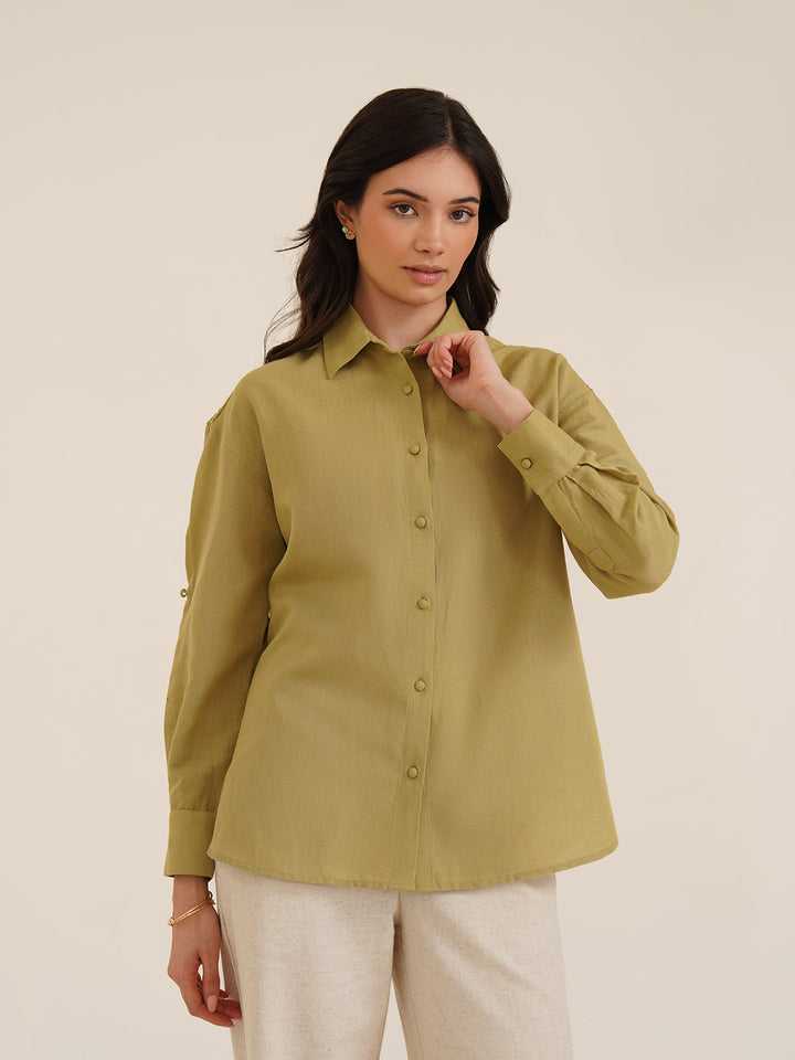 BIEWE – Linen Drop Shoulder Linen Shirt with Cutwork Embroidery