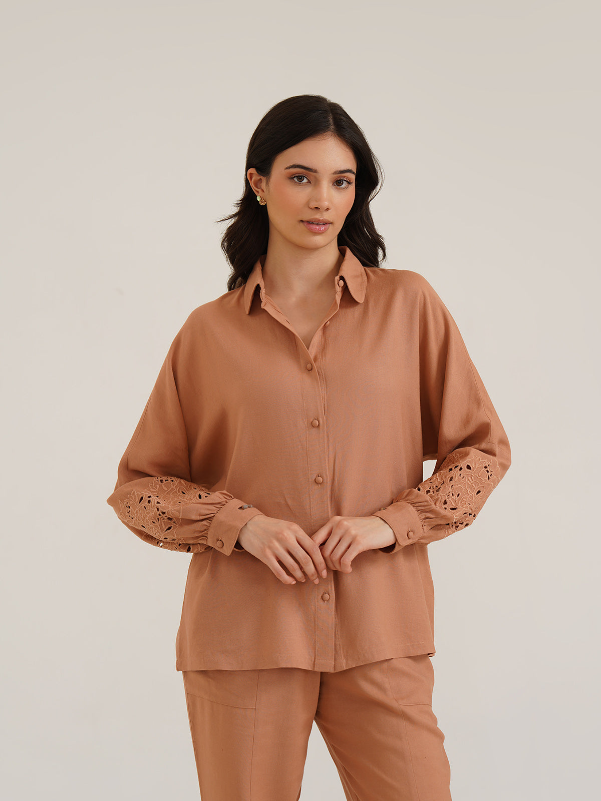 AESON - Linen Shirt with Cutwork Embroidered Sleeves image 1