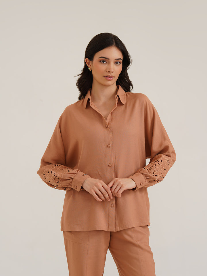 AESON - Linen Shirt with Cutwork Embroidered Sleeves