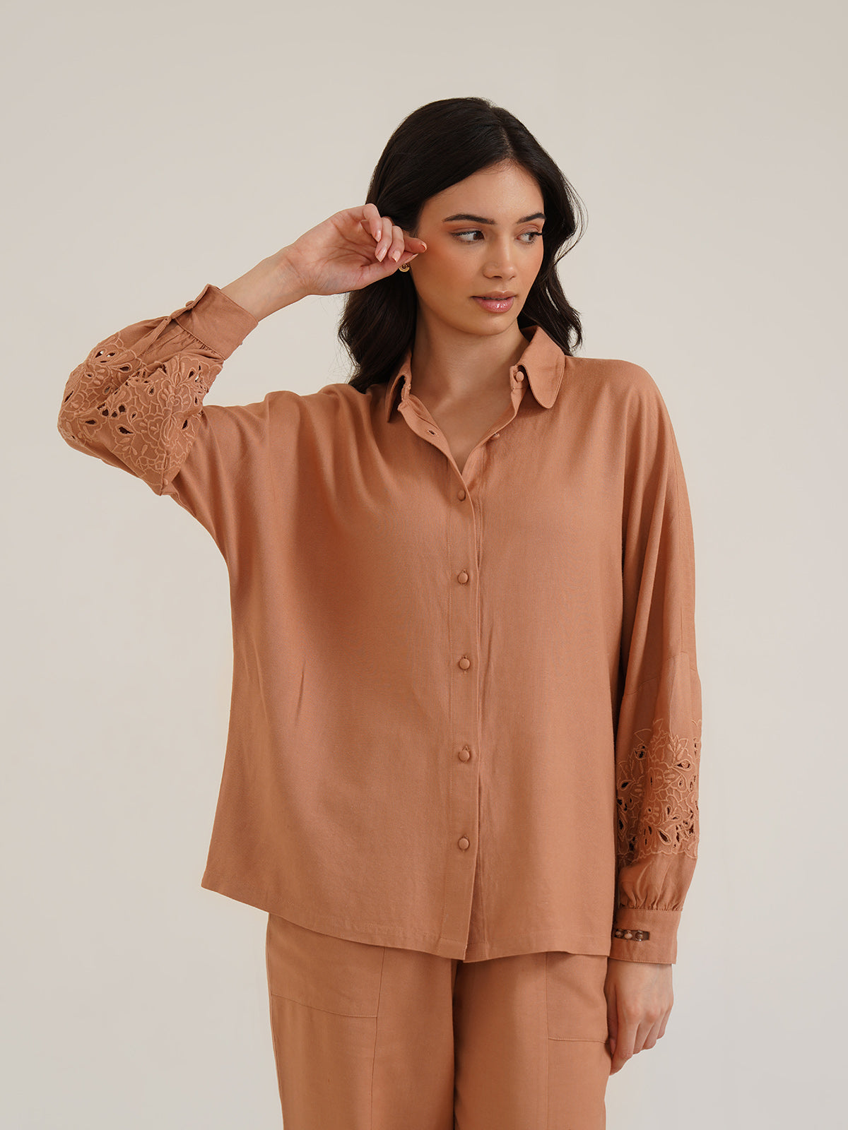 AESON - Linen Shirt with Cutwork Embroidered Sleeves image 2