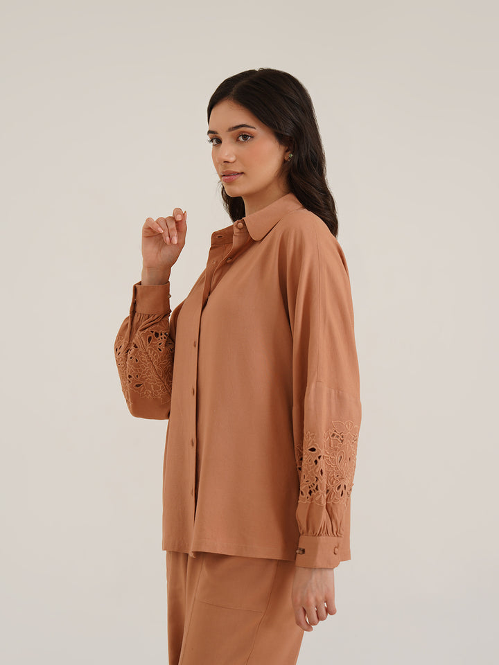 AESON - Linen Shirt with Cutwork Embroidered Sleeves