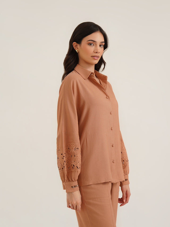 AESON - Linen Shirt with Cutwork Embroidered Sleeves