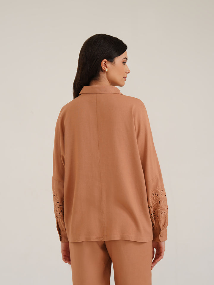 AESON - Linen Shirt with Cutwork Embroidered Sleeves