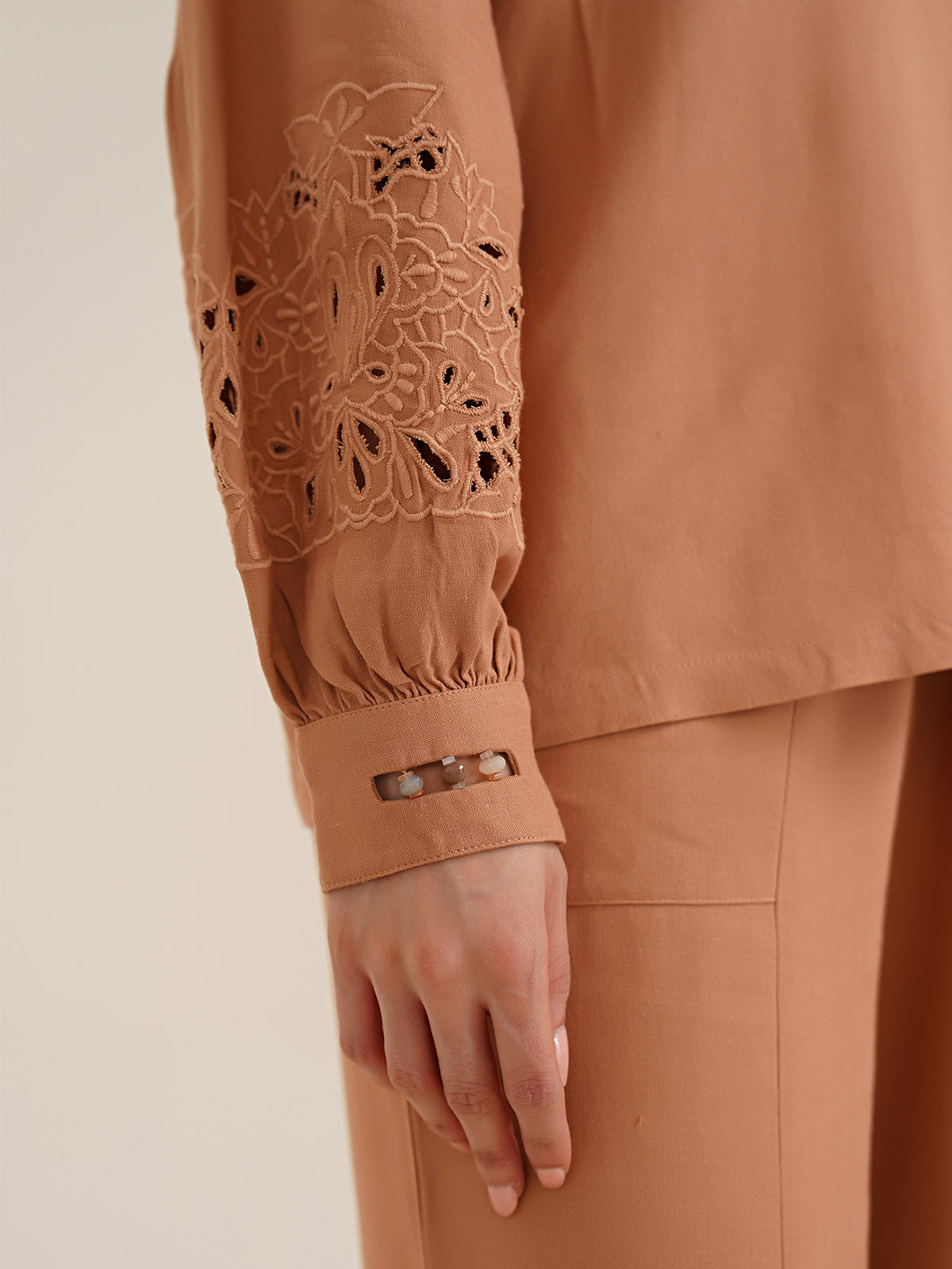 AESON - Linen Shirt with Cutwork Embroidered Sleeves image 6
