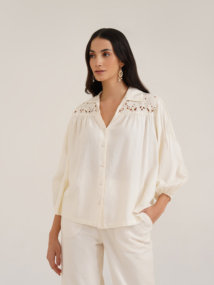 HEKA - Stylish Linen Shirt with Cutwork Embroidery