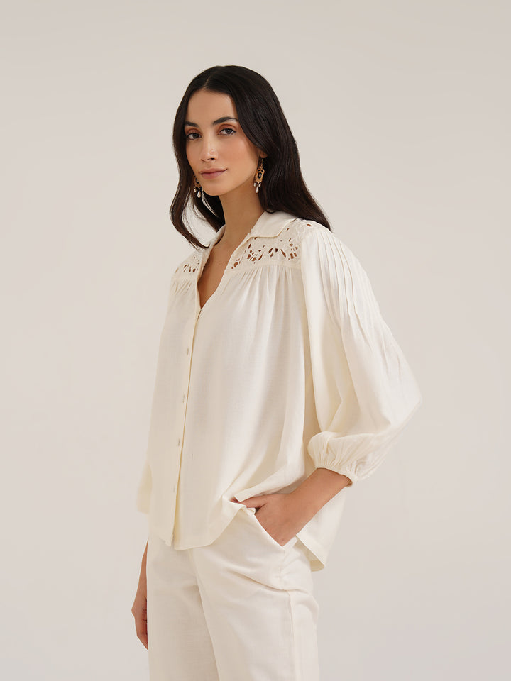 HEKA - Stylish Linen Shirt with Cutwork Embroidery