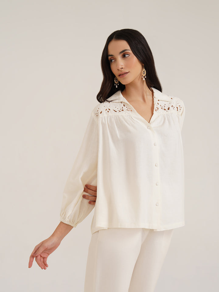 HEKA - Stylish Linen Shirt with Cutwork Embroidery