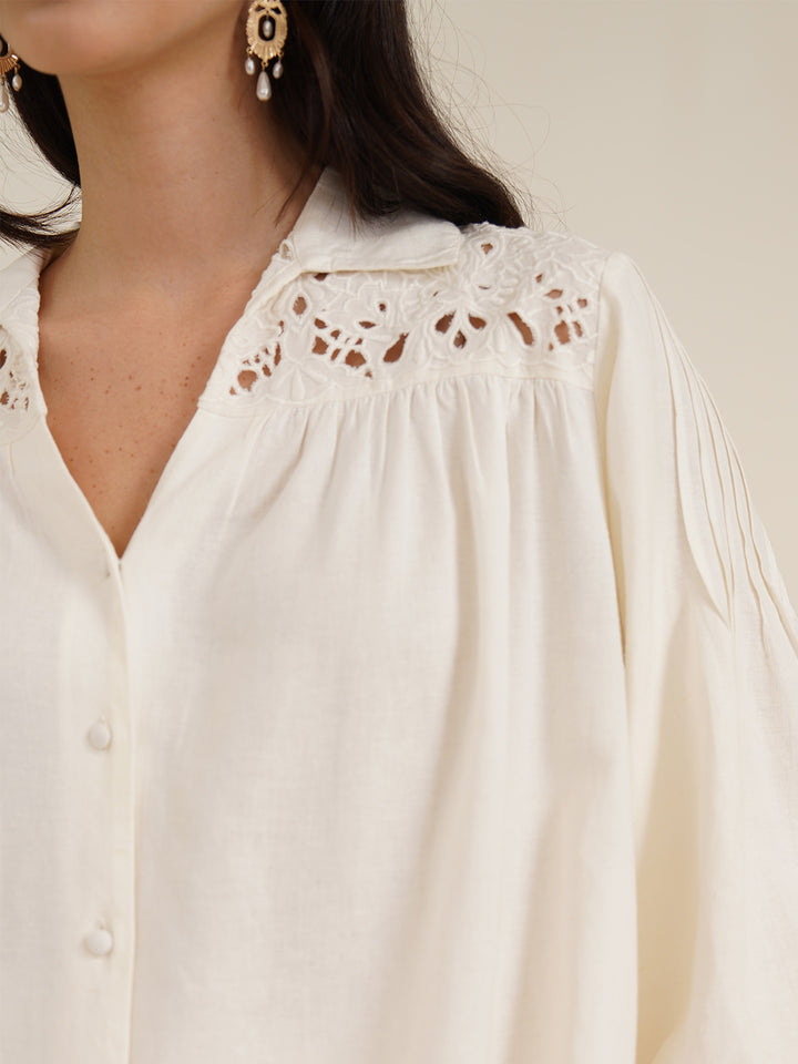 HEKA - Stylish Linen Shirt with Cutwork Embroidery