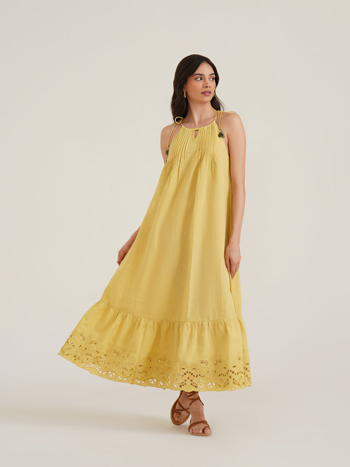 ANAHIT - Organic Cotton Linen Maxi Dress with Chic Embroidered Details