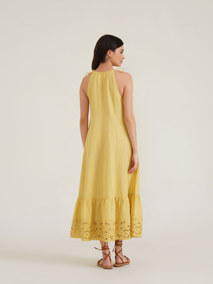 ANAHIT - Organic Cotton Linen Maxi Dress with Chic Embroidered Details