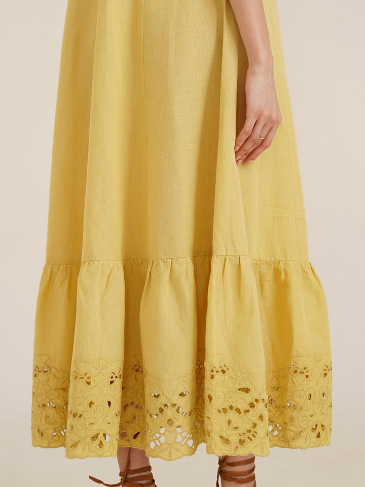 ANAHIT - Organic Cotton Linen Maxi Dress with Chic Embroidered Details