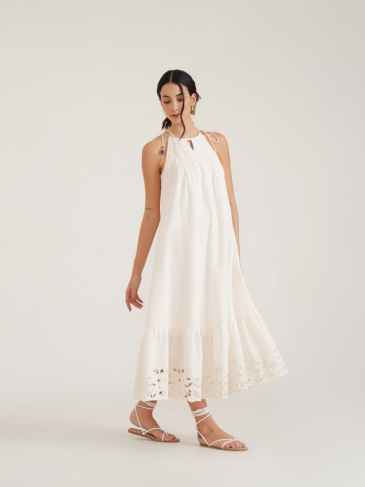 ANAHIT - Organic Cotton Linen Maxi Dress with Chic Embroidered Details