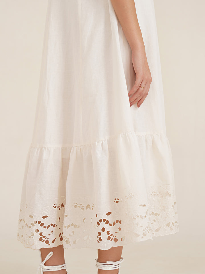 ANAHIT - Organic Cotton Linen Maxi Dress with Chic Embroidered Details