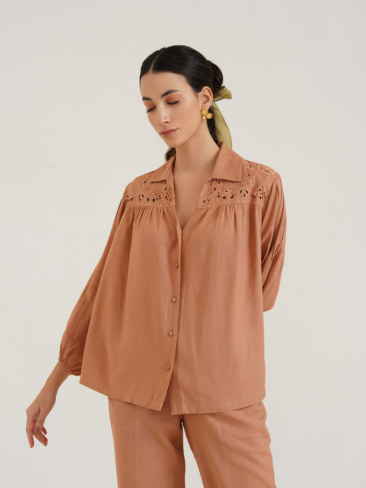 HEKA - Stylish Linen Shirt with Cutwork Embroidery