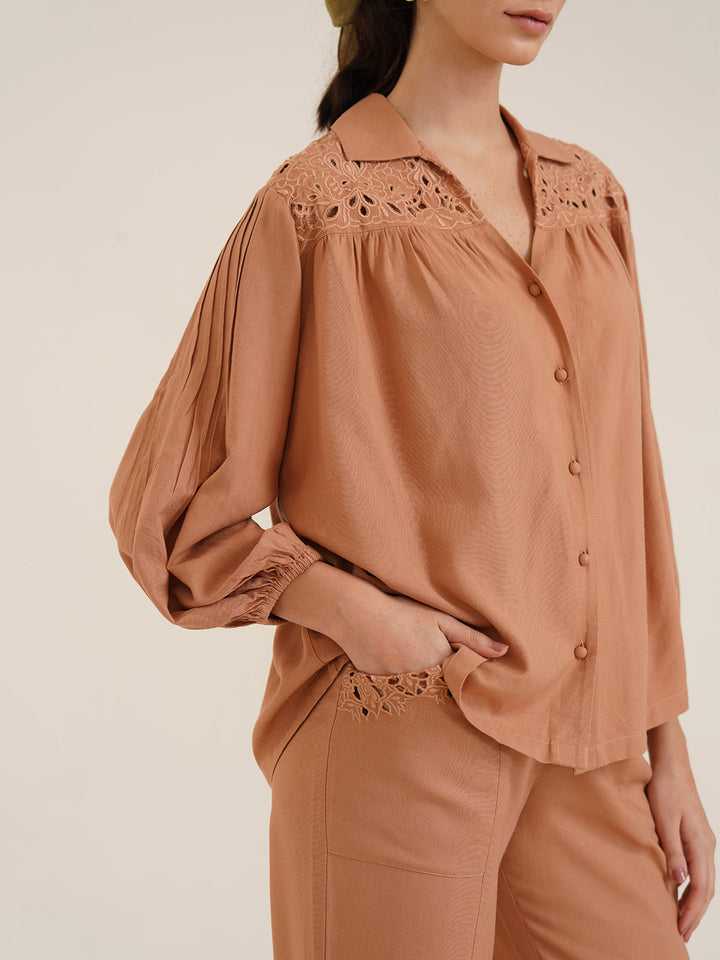 HEKA - Stylish Linen Shirt with Cutwork Embroidery