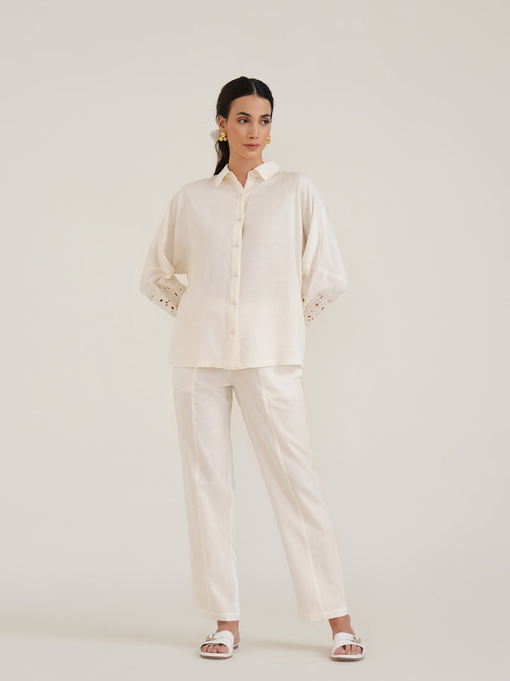 AESON - Linen Shirt with Cutwork Embroidered Sleeves